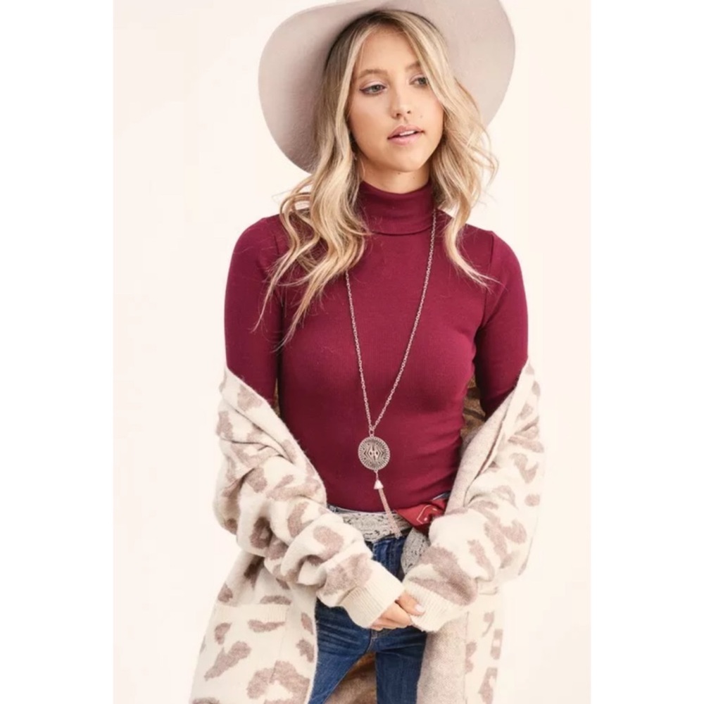 SOLD OUT Burgundy Basic Soft Thin Ribbed Turtleneck Top - Picture 3 of 4